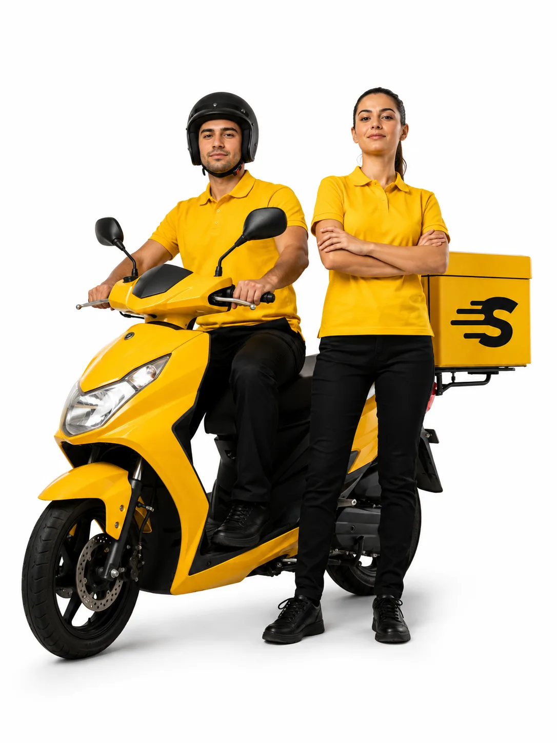 Sarı scooter üzerinde kurye ekibi